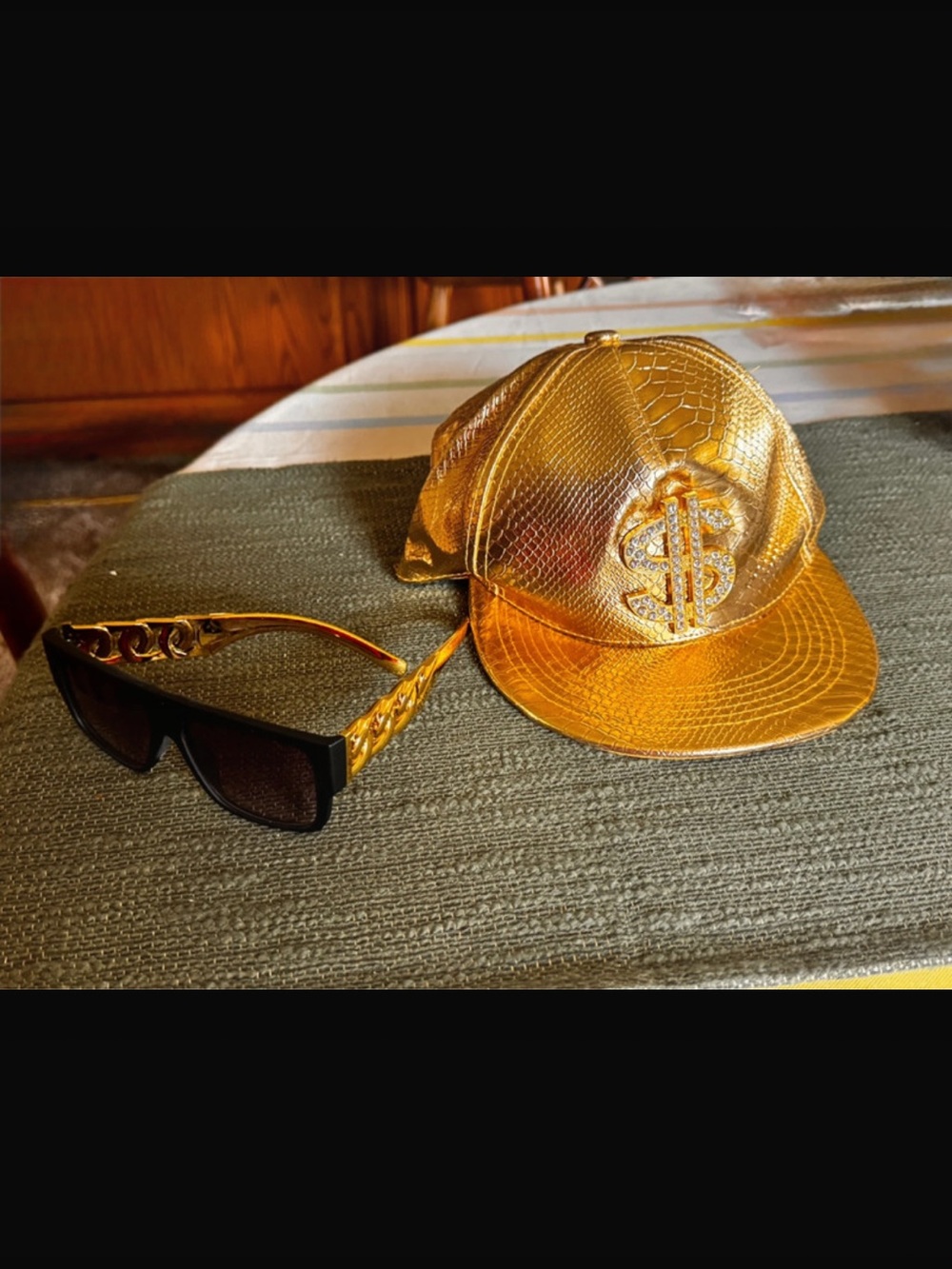 🔥Gold Metallic Dollar-Sign Snapback Hat - Statement Streetwear Cap & Sunglasses